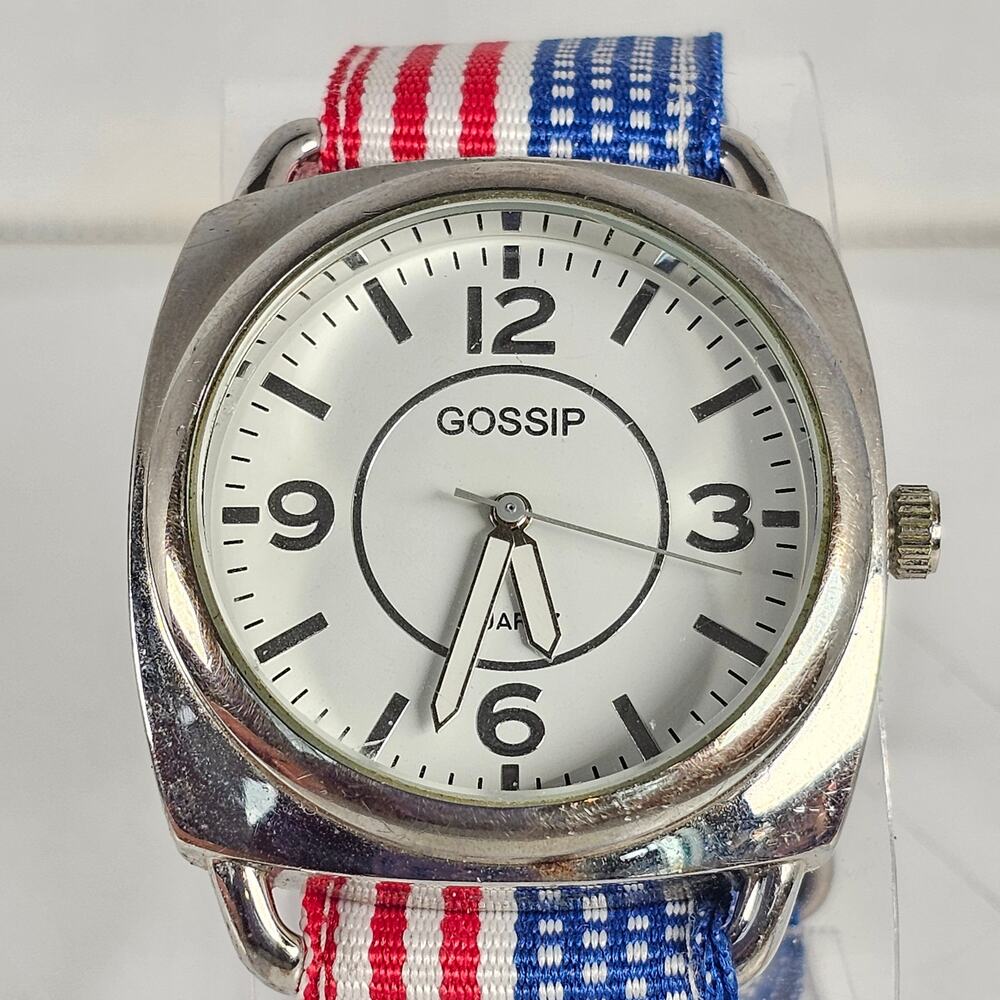Gossip Quartz Watch White Dial 39mm Case Red White Blue Fabric Band Tested